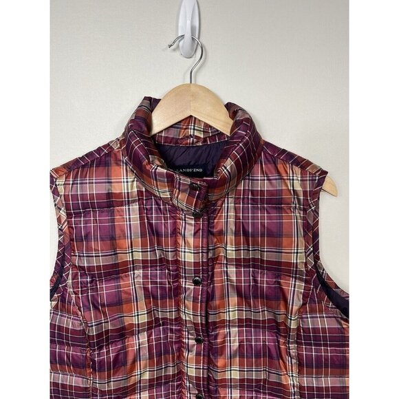 Lands' End Jacket Vest Women XL 18 Maroon Plaid Down Puffer Mock Neck Snap Down - Picture 2 of 10